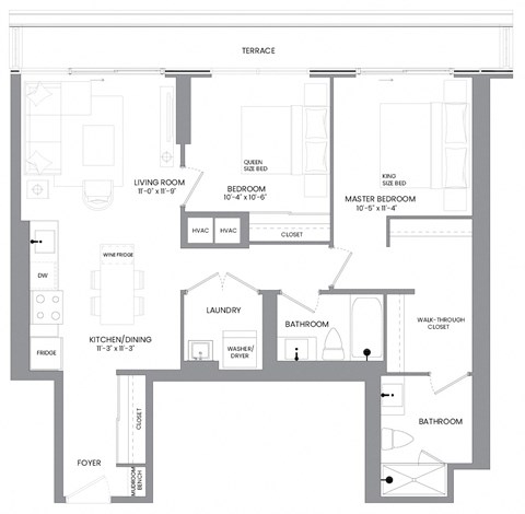 Floor plan for 2 beds, 2 baths, 964 sqft